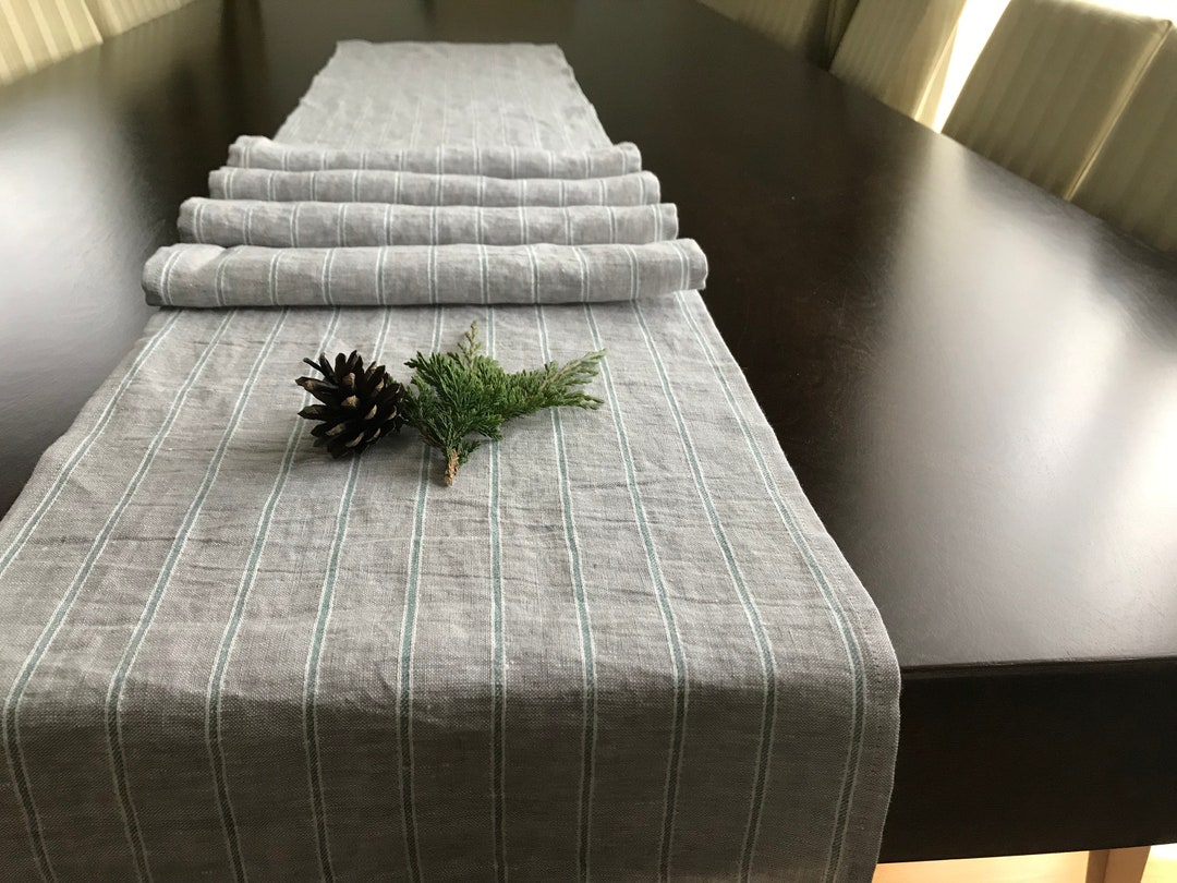 Gray Linen Table Runner With Green Stripes. Custom Size Table Etsy