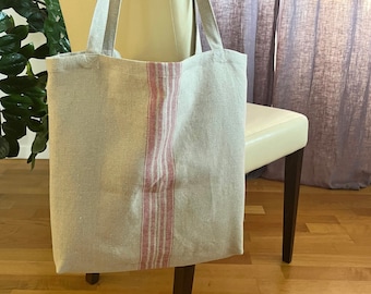 French Sack Canvas Tote Bag with Red Stripes. Striped Natural Linen Tote Bag. Thick Linen Shopping Bag. Heavy Weight Linen Beach Bag.