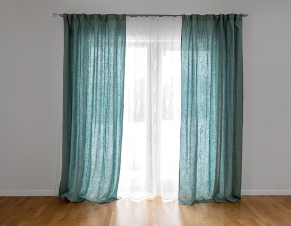 Cortinas verde aguamarina para dormitorio o salón 55/140 cm de ancho.  Cortinas costeras semi escarpadas. Paneles de cortina de lino verde  caribeño para el verano -  México