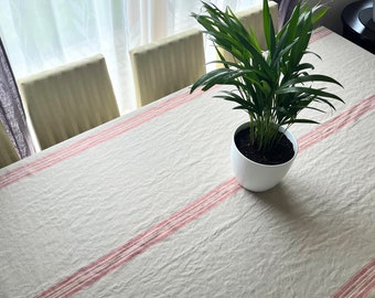 Natural Linen Tablecloth with Red Stripes. Rustic Farmhouse Tablecloth. Heavyweight Extra Long Rectangle Tablecloth. Square tablecloth