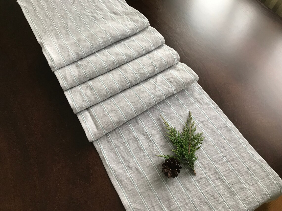 Gray linen table runner with green stripes. Custom size table Etsy