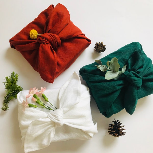 Furoshiki wrapping cloth for Christmas in dark red, dark green or white colours. Linen gift wrapping cloth. Sustainable fabric gift wrap.
