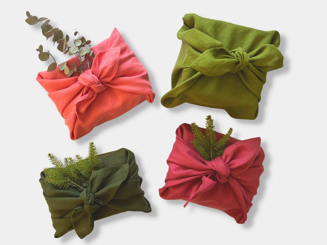 Green Furoshiki Wrapping Cloth for Christmas. Pink Birthday Gift Wrap ...