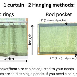 K&ouml;nnte beinhalten: Diagramm, das zwei M&ouml;glichkeiten zum Aufh&auml;ngen eines gr&uuml;nen Vorhangs zeigt: mit Clip-Ringen oder einer Stangen-Tasche. Die Stangen-Tasche ist 5 cm breit und der Saum 4 cm breit. Der Text besagt, dass Vorh&auml;nge als einzelne Paneele verkauft werden.