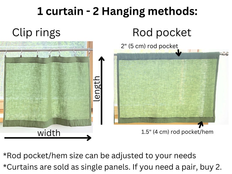 K&ouml;nnte beinhalten: Diagramm, das zwei M&ouml;glichkeiten zum Aufh&auml;ngen eines gr&uuml;nen Vorhangs zeigt: mit Clip-Ringen oder einer Stangen-Tasche. Die Stangen-Tasche ist 5 cm breit und der Saum 4 cm breit. Der Text besagt, dass Vorh&auml;nge als einzelne Paneele verkauft werden.