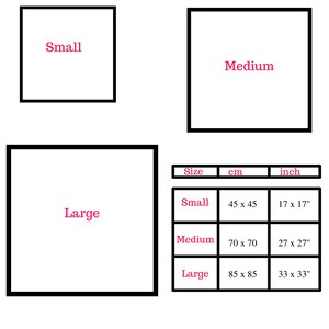 May include: A chart showing the different sizes of a product, with measurements in inches and centimeters. The sizes are small, medium, and large. The small size is 17 x 17 inches or 45 x 45 centimeters. The medium size is 27 x 27 inches or 70 x 70 centimeters. The large size is 33 x 33 inches or 85 x 85 centimeters.