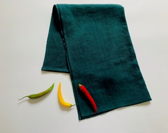 Dark teal kitchen towels. Deep sea green linen dish towels. Medium weight linen tea towels. Stonewashed linen hand towels for bathroom.