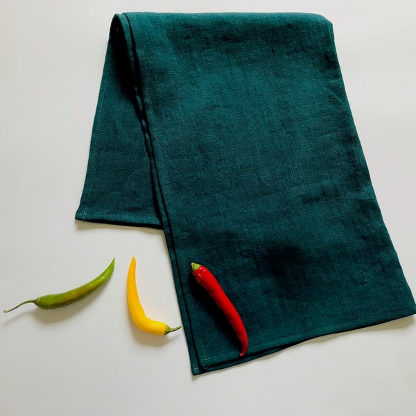 Dark teal kitchen towels. Deep sea green linen dish towels. Medium weight linen tea towels. Stonewashed linen hand towels for bathroom.