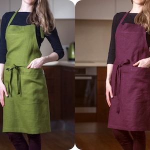Solid Full Linen Apron for Women and Men. Barista, Florist, Waitress, Bartender, Artist, Teacher, Gardening Bib Apron with Pockets and Ties.
