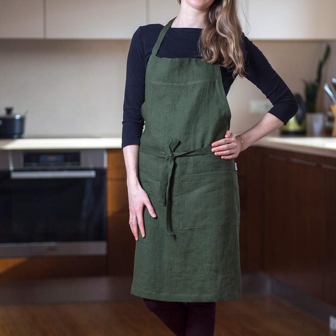 Forest Green Linen Apron. Dark Green Kitchen Apron With Pockets. Full