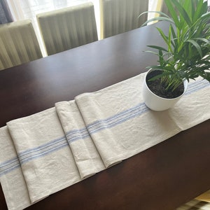 Natural Blue Striped Farmhouse Table Runner. Modern Linen Table Runner. Extra Long Handmade Rustic Heavy Weight French Sack Style.
