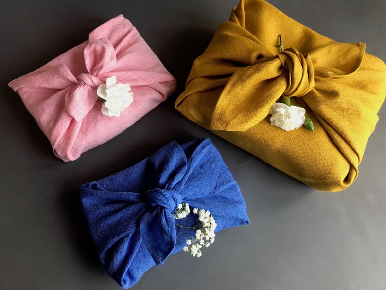 Linen furoshiki cloth. Reusable gift wrap ideas. Many colours available. Plain furoshiki wrapping cloth in small, medium or large sizes. image 1