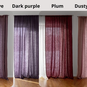 Linen Curtains for bedroom. Custom curtains. Semi Sheer Curtains 55"/140 cm Wide. Linen Window Treatments in dark purple, mauve, plum, rose