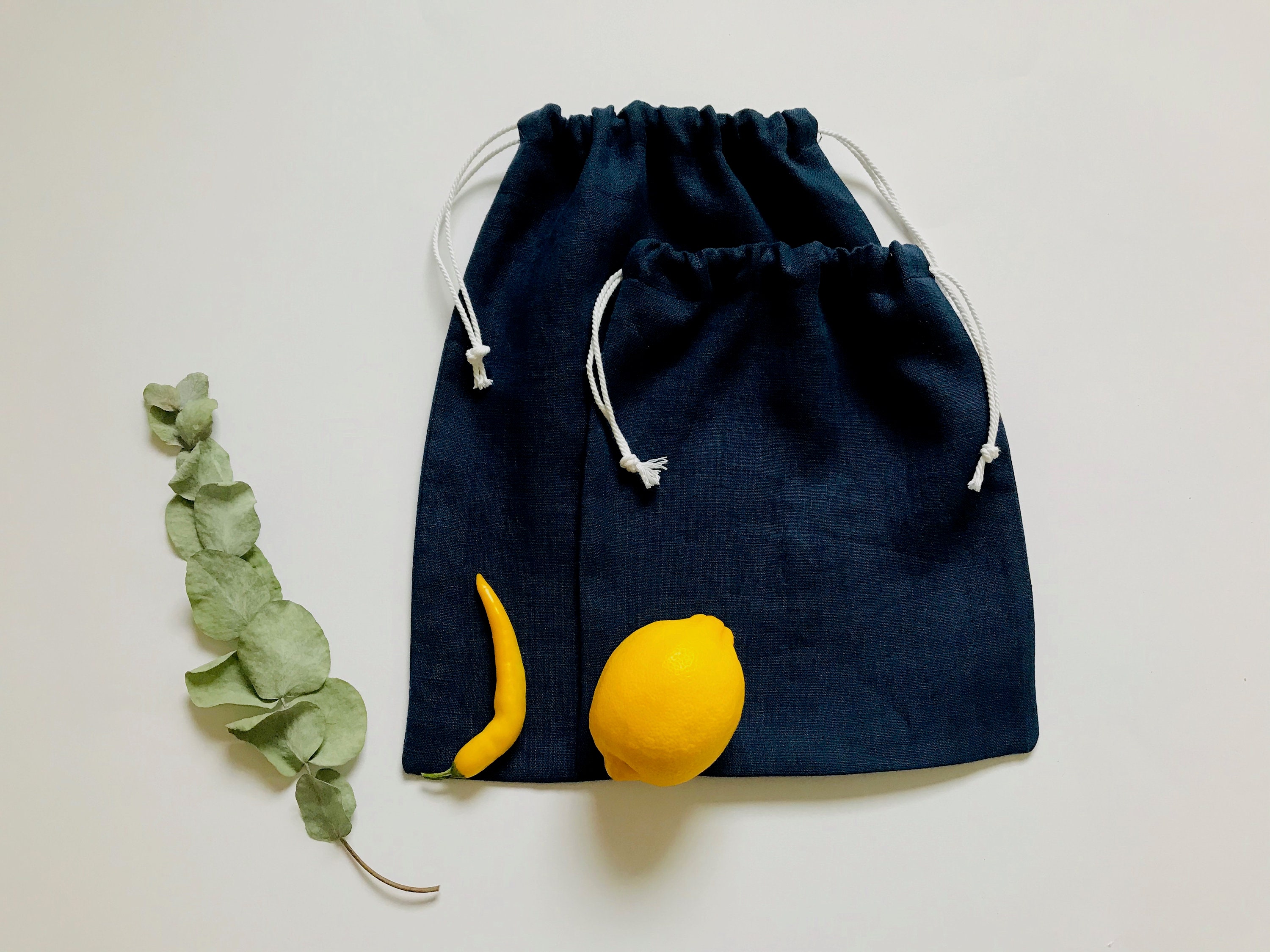 Dark Blue Linen Produce Bags. Blue Reusable Produce Bags. Blue Etsy