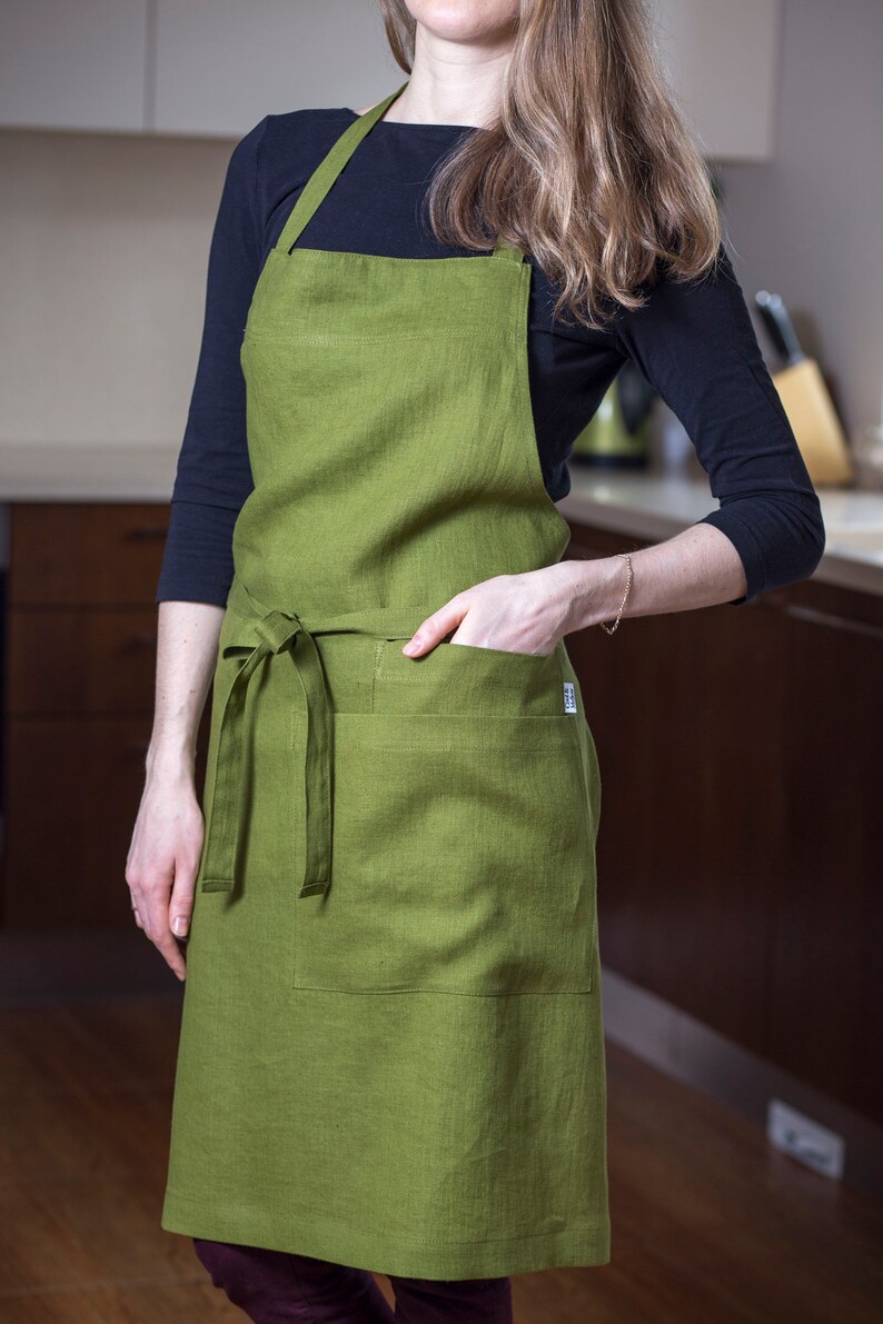 Moss Green Linen Apron With Pockets and Adjustable Ties. Long Etsy
