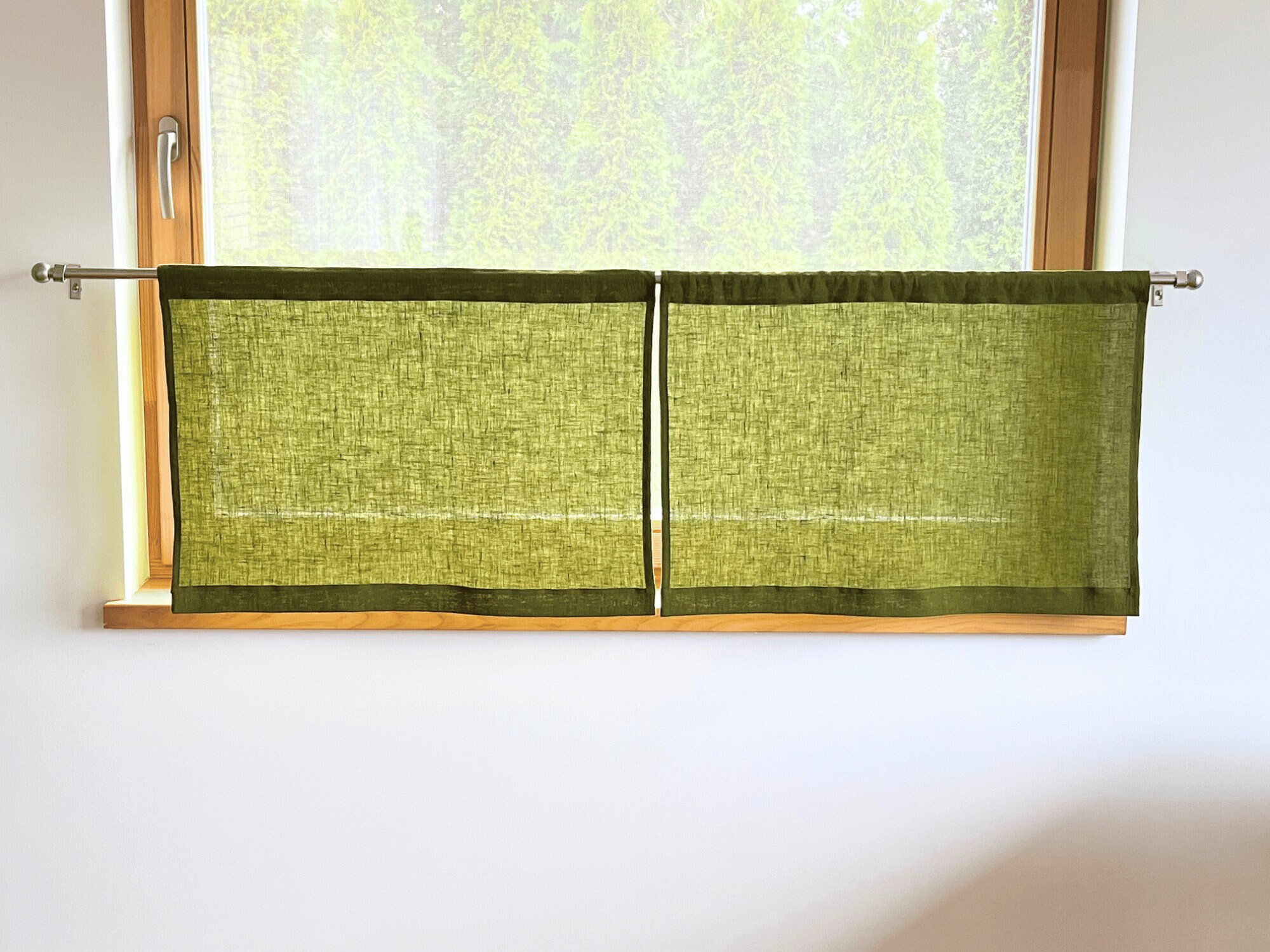 Moss Green Kitchen Cafe Curtains. Kitchen Valance. Small linen curtains. Small bathroom curtains. Window Treatments. Short window curtains.