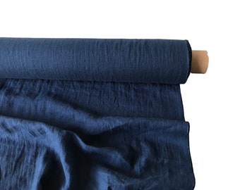 Navy Blue linen fabric by the yard. Dark blue linen fabric by the metre. Medium weight cut-to-size softened. Fabric for sewing clothes.