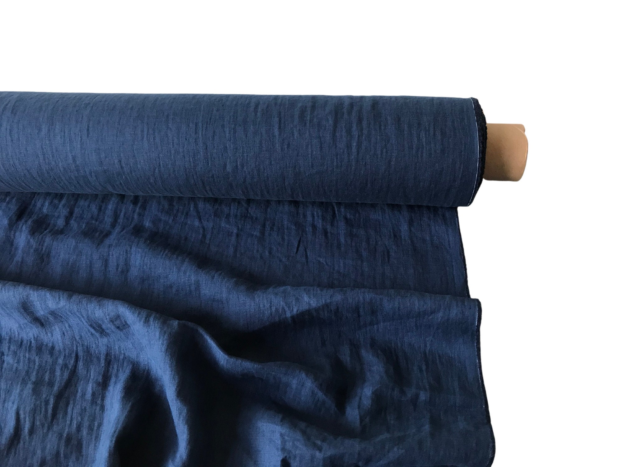 Softened Linen Wool Blend Fabric, Medium Weight Navy Blue Linen