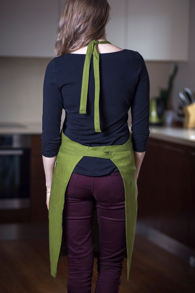 Moss Green Linen Apron With Pockets and Adjustable Ties. Long Etsy