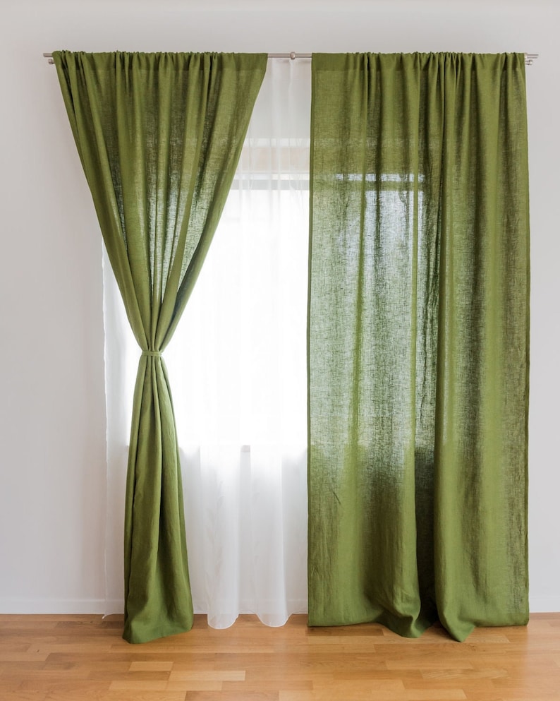 Moss Green Linen Curtains. Window Treatments Custom Size Etsy