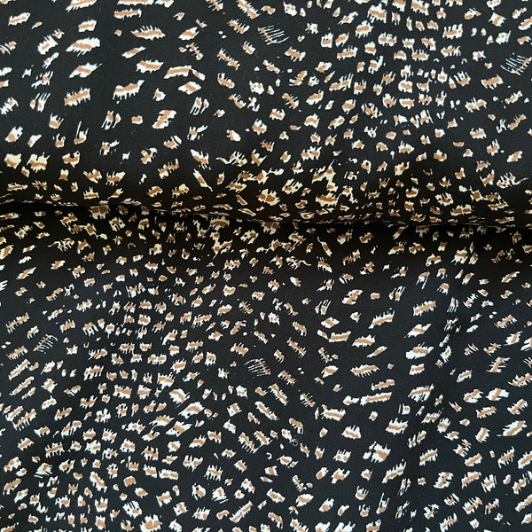 Abstract Animal Print Viscose Fabric by the Yard or Meter. Black Background. Soft Silky Lightweight Blouse, Shirting, Summer Dress Fabric.