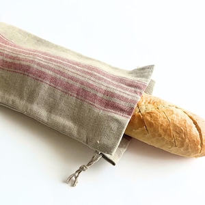 Grey baguette bag with red stripes. Linen baguette bag. Baguette bread bag. French baguette bag. Bread storage bag. Baguette shopping bag