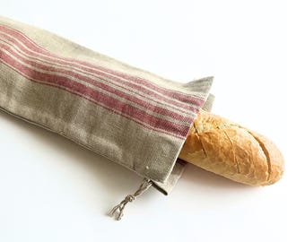 Grey baguette bag with red stripes. Linen baguette bag. Baguette bread bag. French baguette bag. Bread storage bag. Baguette shopping bag