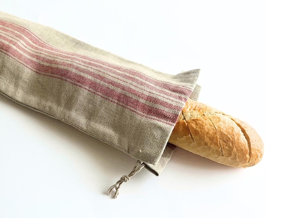 Grey baguette bag with red stripes. Linen baguette bag. Baguette bread bag. French baguette bag. Bread storage bag. Baguette shopping bag