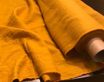 Mustard linen fabric by the yard. Yellow linen fabric by the metre. Brown shades. Soft, pre-shrunk, medium weight. Linen fabric for sewing.