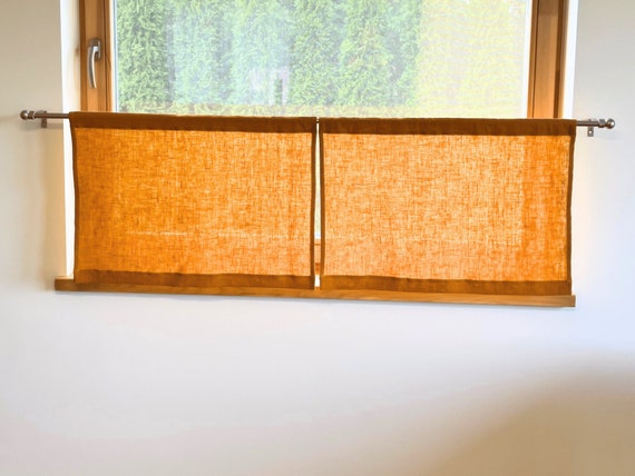 Kitchen Cafe Curtains in Mustard Yellow. Kitchen Valance. Small linen curtains. Bathroom curtains. Window Treatments. Short window curtains.