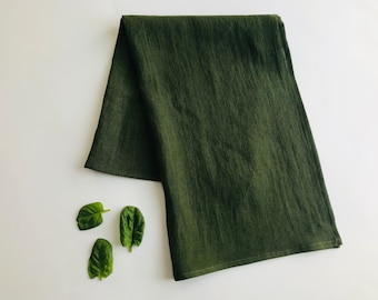 Dark green linen tea towels. Forest green kitchen towels. Eco-friendly green linen dish towels. Medium weight natural linen kitchen towels.