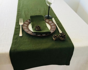 Dark forest green linen table runner. Modern table centerpiece. Rustic farmhouse table runner for dining table. Green kitchen table decor.