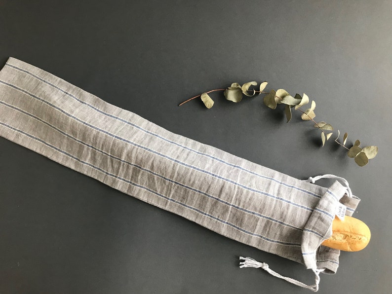 French Baguette Bag With Grey and Blue Stripes. Linen Baguette Etsy