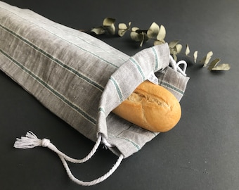 Grey baguette bag with green stripes. Linen baguette bag. Baguette bread bag. French baguette bag. Bread storage bag. Baguette shopping bag