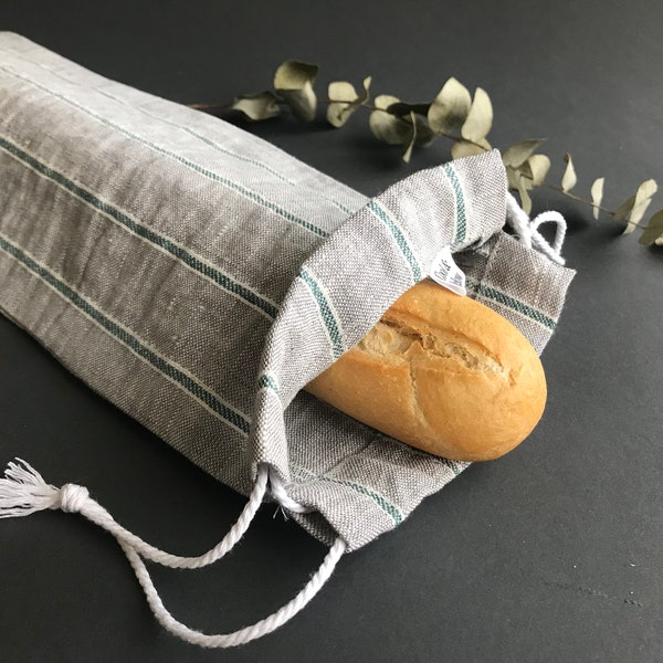 Grey baguette bag with green stripes. Linen baguette bag. Baguette bread bag. French baguette bag. Bread storage bag. Baguette shopping bag