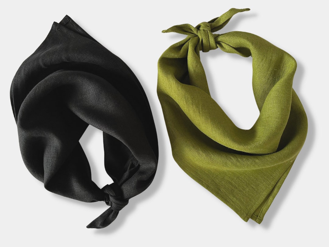 Solid Black Linen Bandana. Plain Moss Green Bandana for Men, Women