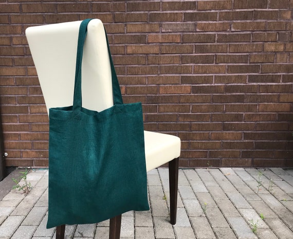 Dark Green Linen Tote Bag. Solid Green Canvas Tote Bag for 