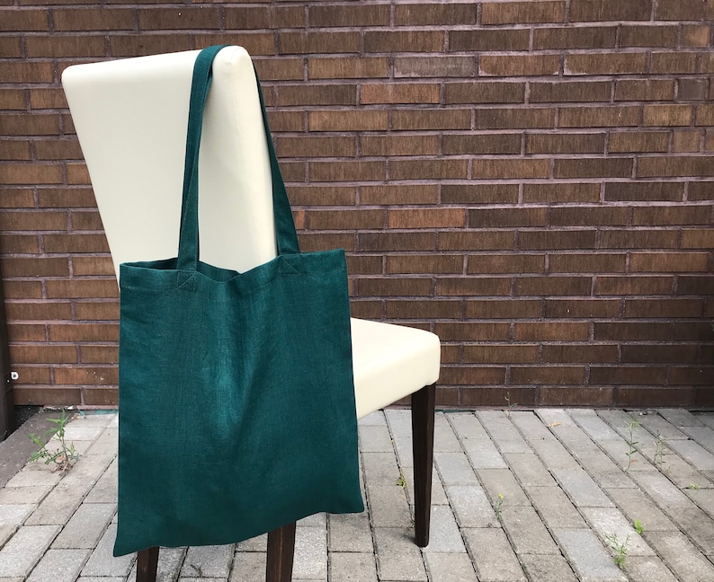 Dark Green Linen Tote Bag. Solid Green Canvas Tote Bag for Etsy