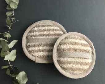 Set of 2 machine washable exfoliating bath sponges. All natural linen spa or sauna gift for men and women. Organic, eco friendly bath scrub.