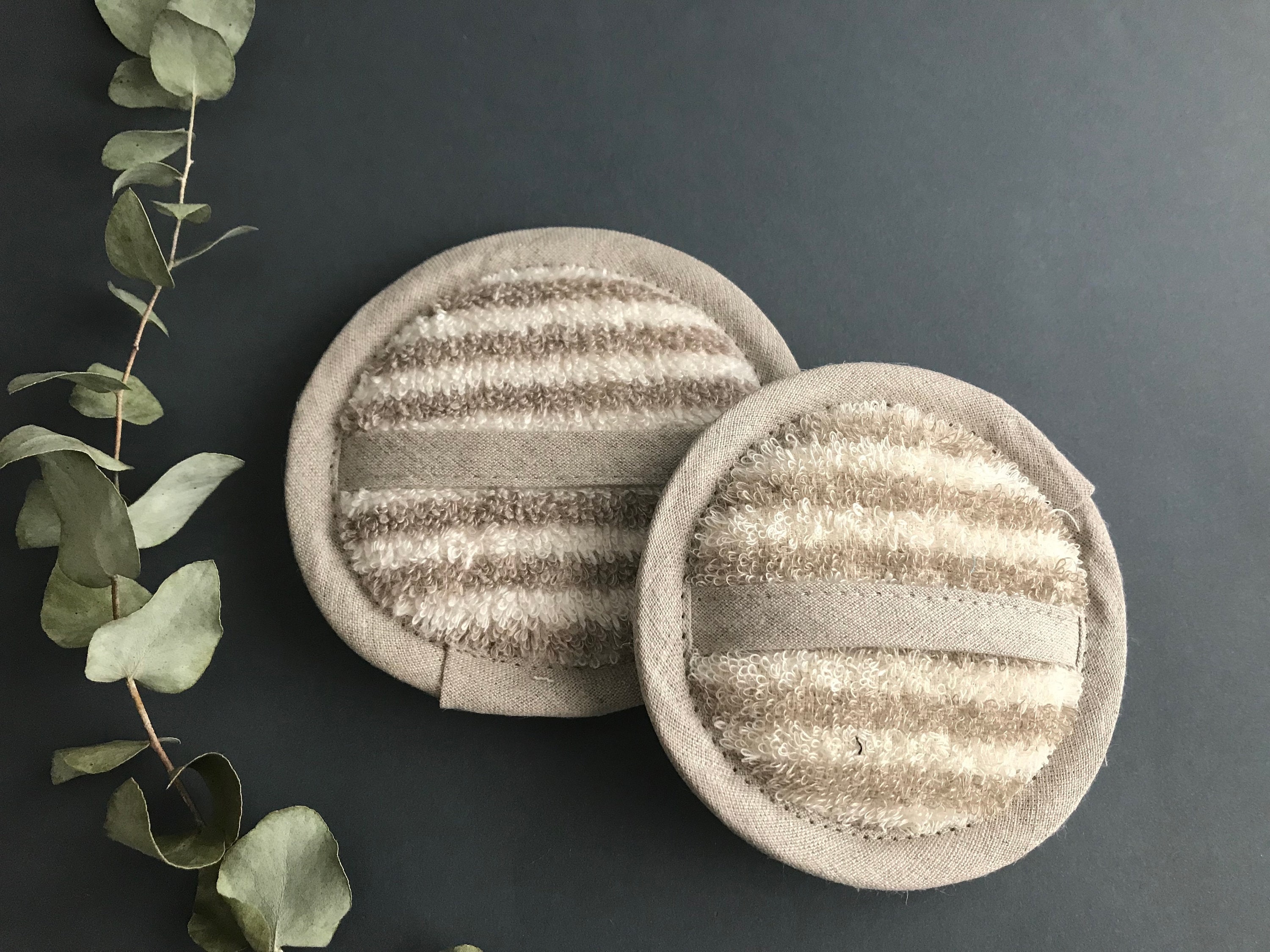 Set of 2 machine washable exfoliating bath sponges. All natural linen spa or sauna gift for men and women. Organic, eco friendly bath scrub.