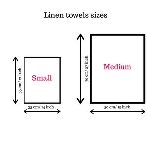 K&ouml;nnte beinhalten: Eine Gr&ouml;&szlig;entabelle mit dem Titel Linen towels sizes zeigt zwei Rechtecke, die als Small und Medium beschriftet sind. Das kleine Rechteck misst 55 cm mal 35 cm. Das mittlere Rechteck misst 70 cm mal 50 cm, mit schwarzen Pfeilen f&uuml;r die Ma&szlig;e.