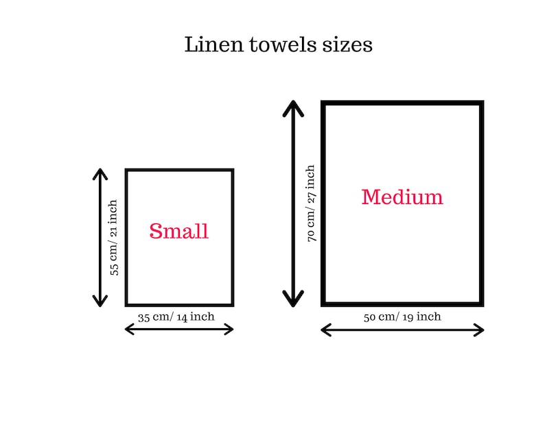 K&ouml;nnte beinhalten: Eine Gr&ouml;&szlig;entabelle mit dem Titel Linen towels sizes zeigt zwei Rechtecke, die als Small und Medium beschriftet sind. Das kleine Rechteck misst 55 cm mal 35 cm. Das mittlere Rechteck misst 70 cm mal 50 cm, mit schwarzen Pfeilen f&uuml;r die Ma&szlig;e.