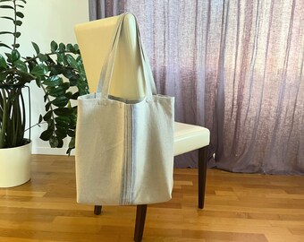 Canvas Tote Bag with Blue Stripes. Striped Natural Linen Tote Bag. Thick French Sack Style Shopping Bag. Heavy Weight Linen Beach Bag.