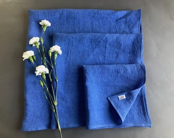 Eco linen furoshiki cloth. Reusable gift wrap in small, medium and large. Solid blue furoshiki wrapping cloth. Eco-friendly gift wrap set.