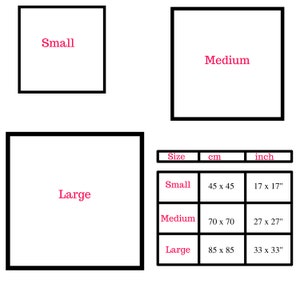 May include: A chart showing the different sizes of a product, with measurements in inches and centimeters. The sizes are small, medium, and large. The small size is 17 x 17 inches or 45 x 45 centimeters. The medium size is 27 x 27 inches or 70 x 70 centimeters. The large size is 33 x 33 inches or 85 x 85 centimeters.