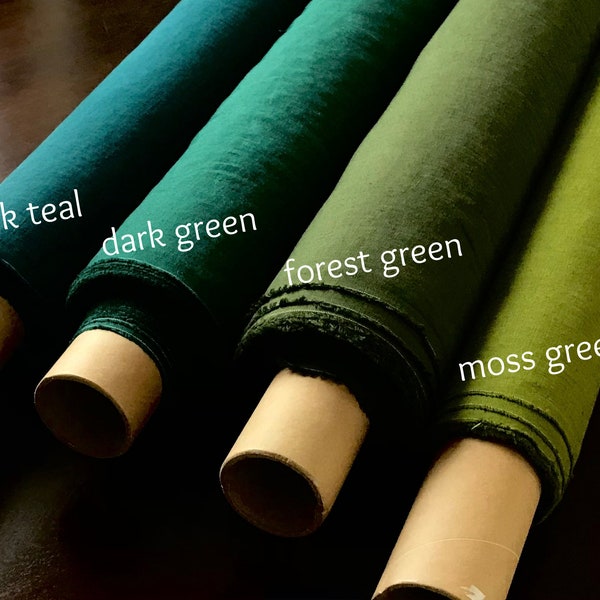 Green linen fabric. Dark green linen fabric by the yard. Teal linen fabric by the metre. Softened linen fabric. Emerald washed linen fabric.