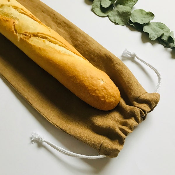 Camel linen baguette bag. Beige french stick bread bag. Camel linen bread bag for bread shopping and storage. Drawstring reusable bread bag