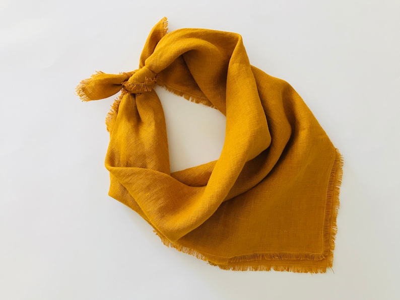 Mustard yellow bandana 100% linen. Small linen scarf for men, women, kids. Unisex linen kerchief. Triangle head scarf. Natural neckerchief. image 1