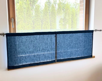 Custom Size Steel Blue Linen Cafe Curtains for Kitchen or Bathroom. Short, Small Curtains for Basement, RV Camper. Solid Window Curtains