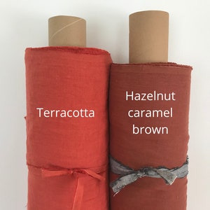 Linen fabric by the yard for clothes, curtains, home textile. Cut-to-length. Terracotta or brown color. Softened, pre-washed, medium weight.